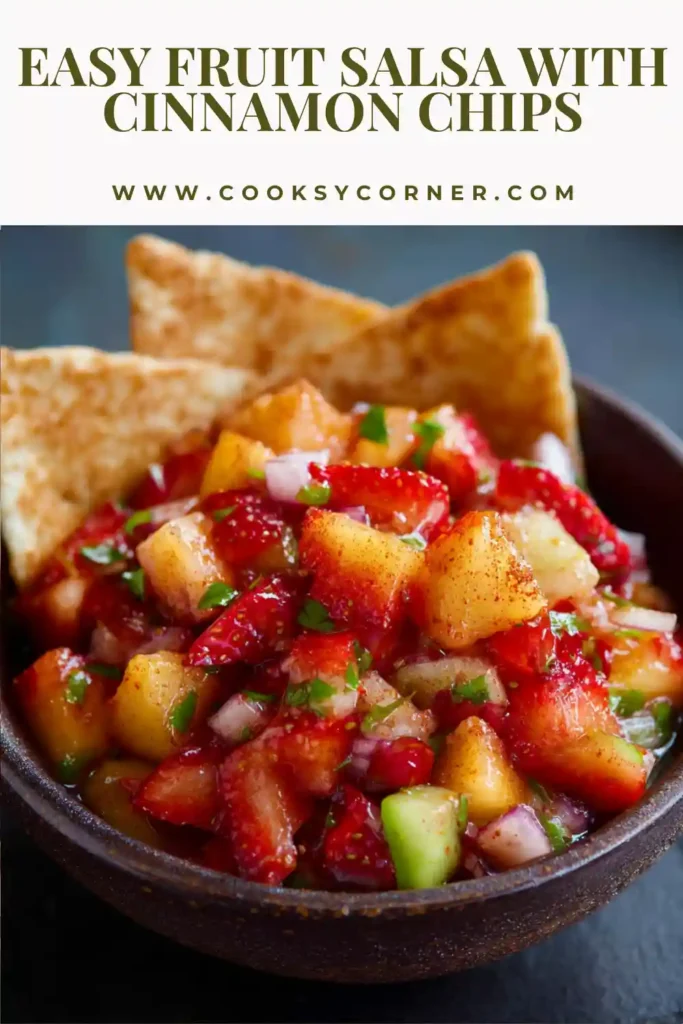 Fresh fruit salsa filled with juicy strawberries, kiwi, peaches, and mango paired with crunchy cinnamon tortilla chips. This easy fruit dessert offers vibrant color and sweet flavor.