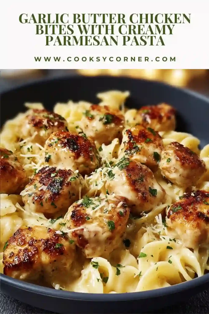 Homemade garlic butter chicken pasta topped with freshly grated Parmesan cheese.