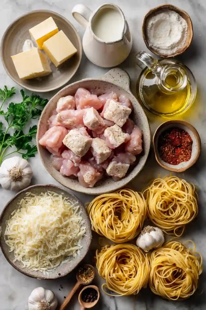 Comfort food pasta dish with tender chicken bites and creamy Parmesan sauce.