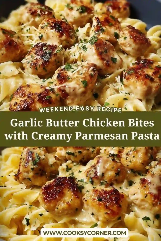 Creamy chicken pasta featuring garlic butter chicken pieces and rich Parmesan sauce.