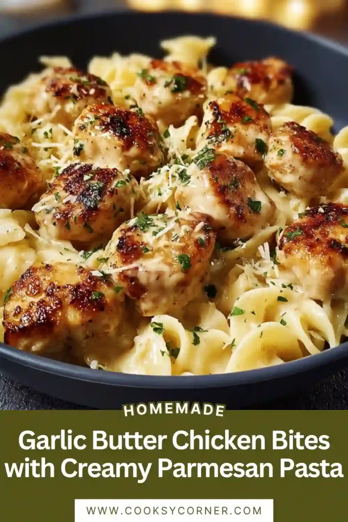 Garlic Butter Chicken Bites served over creamy Parmesan pasta garnished with fresh parsley.