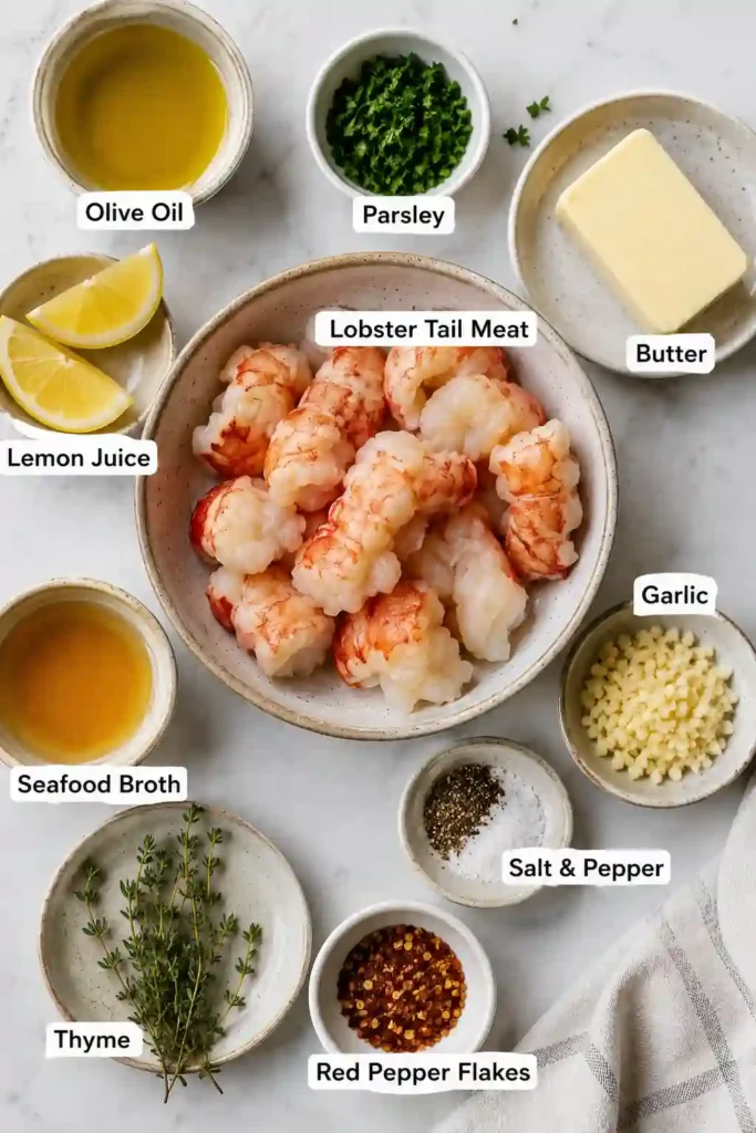Freshly cooked Garlic Butter Lobster Bites garnished with parsley in a cast-iron skillet. The rich buttery sauce enhances the natural sweetness of the lobster.