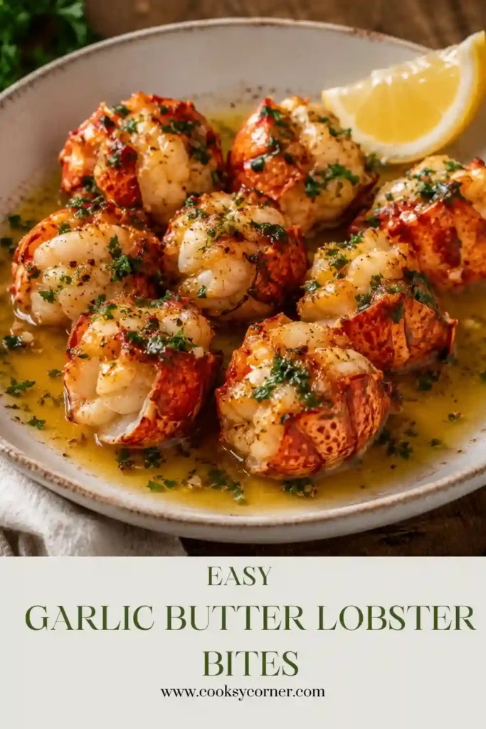 Elegant Garlic Butter Lobster Bites plated with lemon wedges and herbs. The lobster is perfectly cooked and coated in a silky butter sauce.