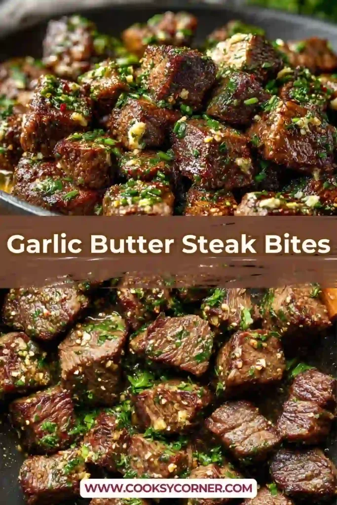 A skillet filled with juicy Garlic Butter Steak Bites coated in a rich garlic sauce and topped with fresh parsley. The steak is perfectly seared and golden brown.