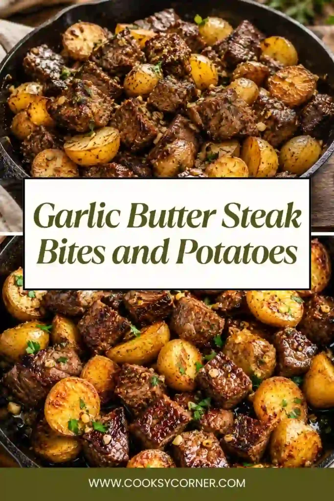 Homemade Garlic Butter Steak Bites and Potatoes served fresh from the skillet.
