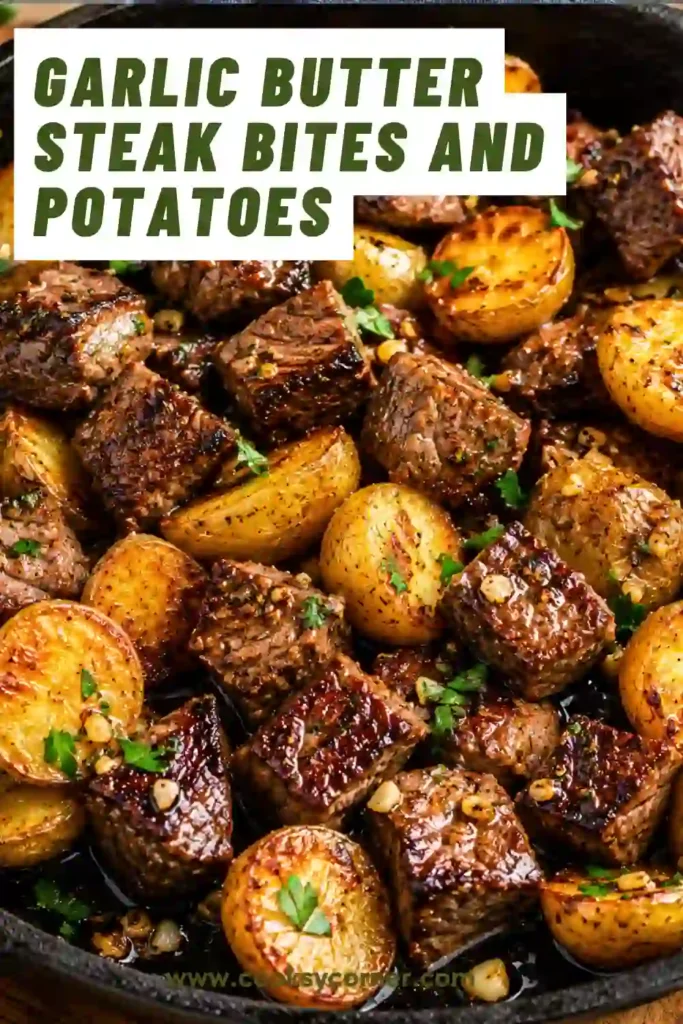 Garlic Butter Steak Bites and Potatoes cooked in a cast iron skillet with golden potatoes and tender sirloin steak coated in garlic herb butter.