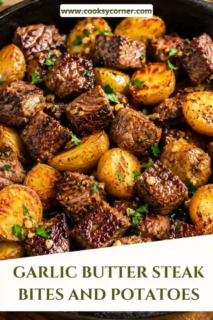 A close-up of Garlic Butter Steak Bites and Potatoes garnished with fresh herbs in a rustic cast iron pan.