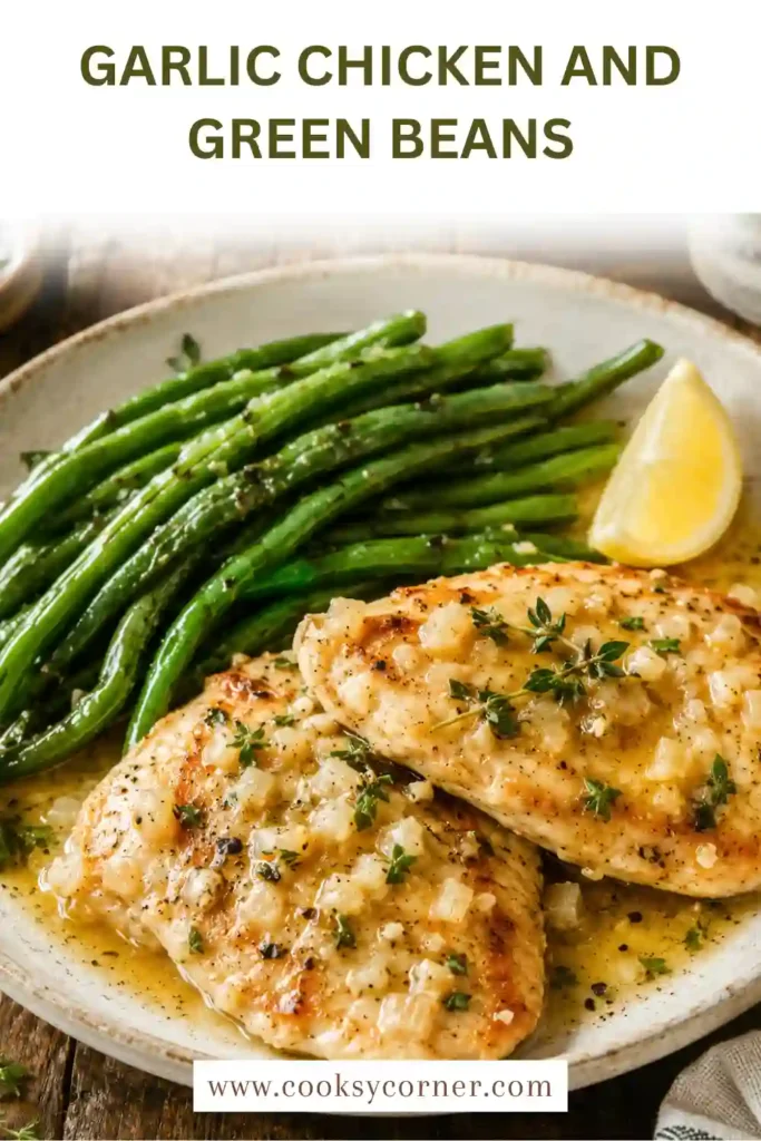 One pan Garlic Chicken and Green Beans garnished with fresh lemon and thyme. A simple high-protein dinner recipe that is both flavorful and easy to prepare.