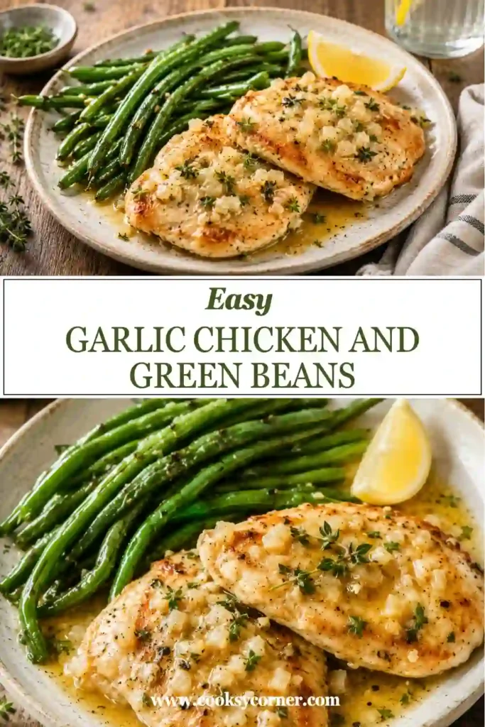 Tender garlic chicken breasts served with buttery green beans and fresh lemon wedges. This easy skillet dinner is packed with savory garlic herb flavor and makes a perfect weeknight meal.