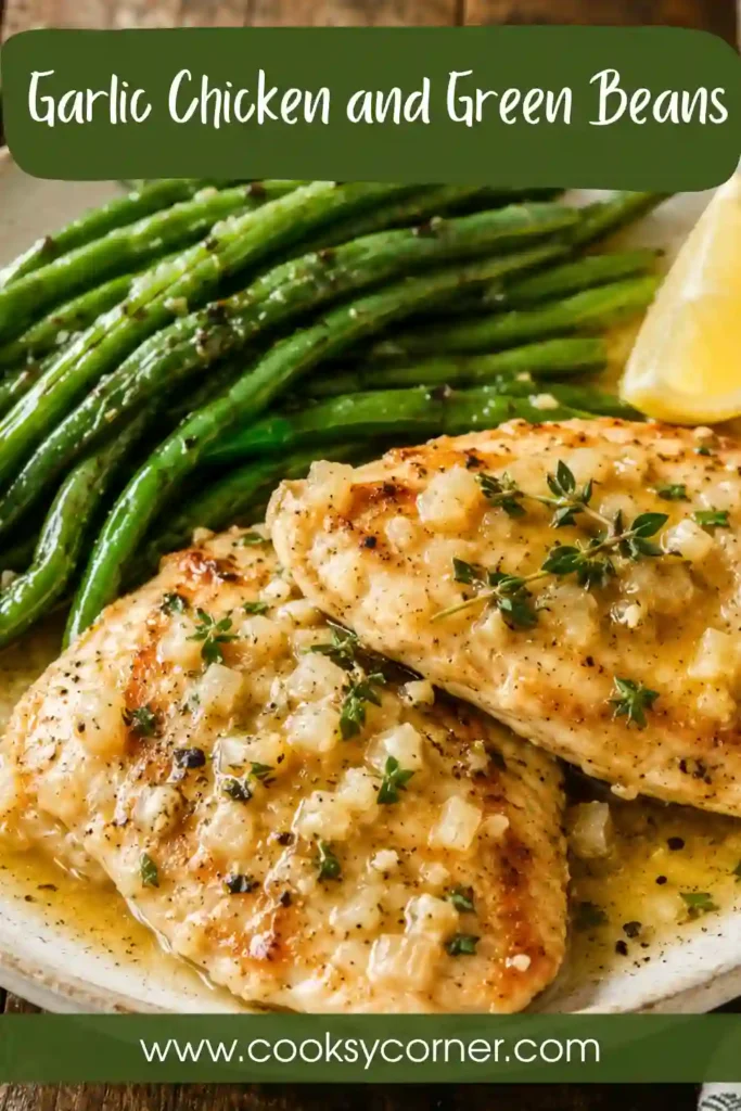 Healthy Garlic Chicken and Green Beans served in a skillet with a savory garlic sauce. The dish features tender chicken and crisp green beans for a balanced family dinner.