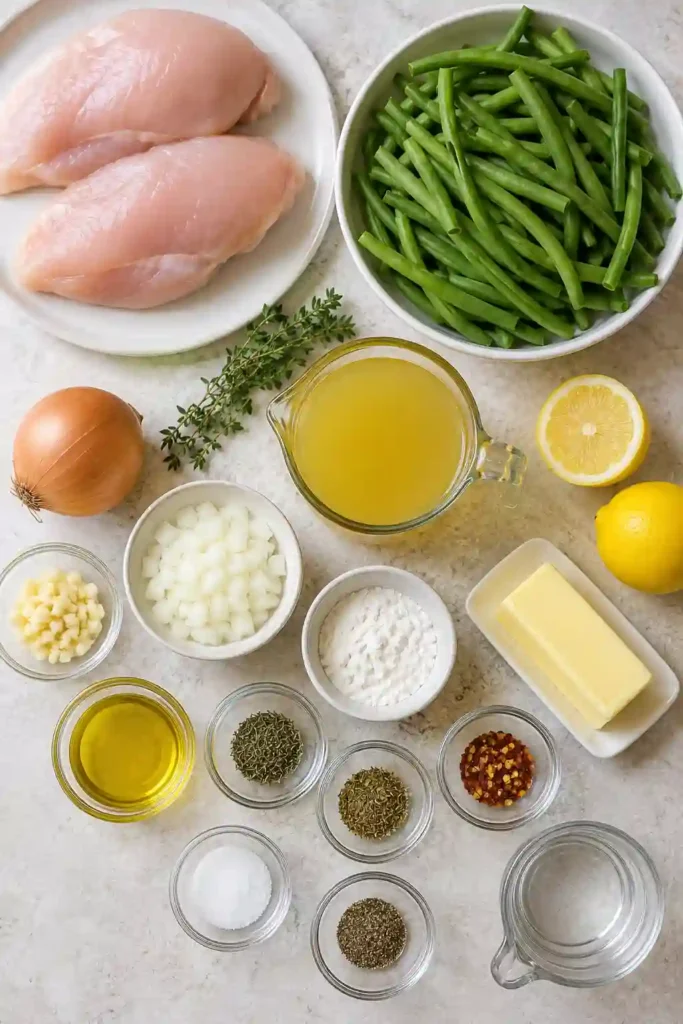 Garlic Chicken and Green Beans plated with a rich herb sauce and lemon wedges. This family-friendly chicken recipe is perfect for quick and easy dinners.