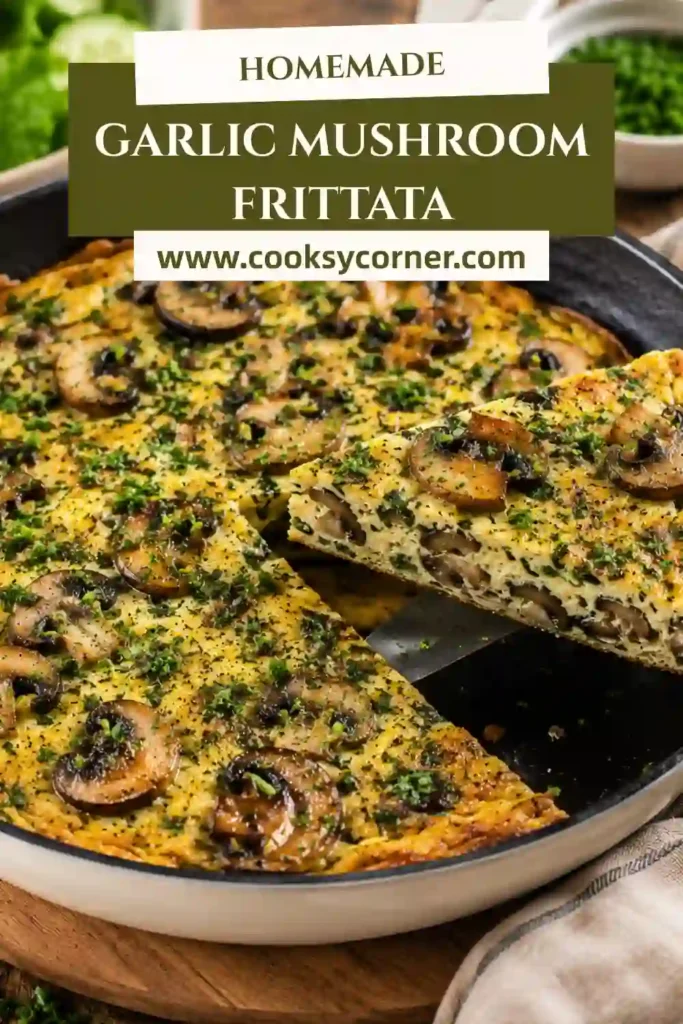 A freshly cooked Garlic Mushroom Frittata sliced into wedges and served with a crisp salad of lettuce, cherry tomatoes, and cucumber. This healthy mushroom frittata is perfect for breakfast or brunch.