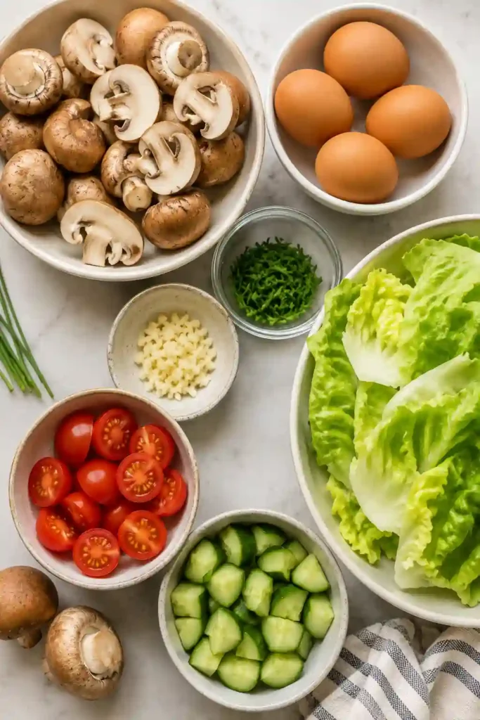 Close-up of a Garlic Mushroom Frittata topped with fresh herbs and served alongside crunchy vegetables. This vegetarian frittata makes a nutritious meal any time of day.