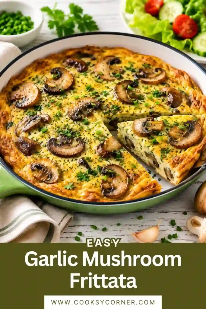 Golden Garlic Mushroom Frittata made with eggs, chestnut mushrooms, garlic, and fresh chives. A simple high-protein breakfast recipe served with a fresh side salad.