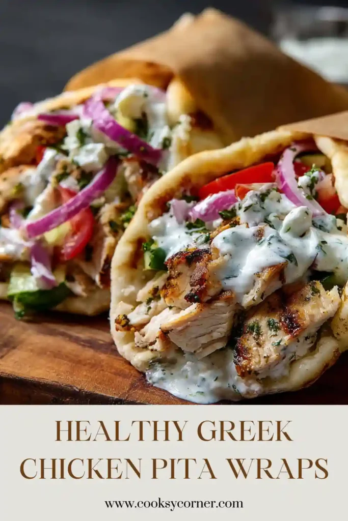 Greek Chicken Pita Wraps filled with marinated chicken, fresh cucumber, tomatoes, feta cheese, and creamy tzatziki sauce. A colorful Mediterranean-inspired meal served in warm pita bread.