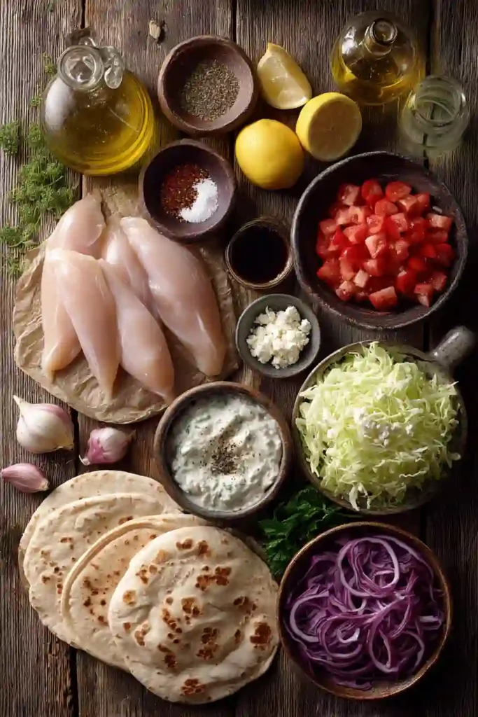 Close-up of Greek Chicken Pita Wraps packed with tender chicken strips, fresh vegetables, and creamy yogurt sauce in soft pita bread.