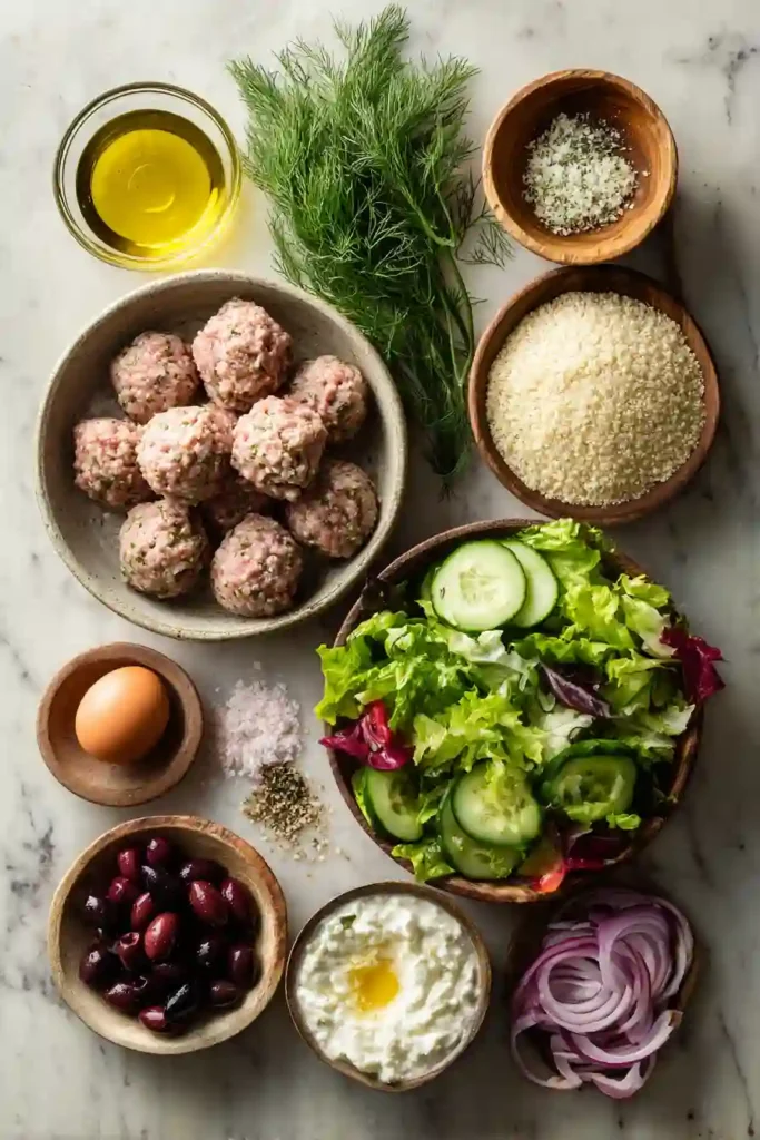 Fresh Greek quinoa bowl featuring homemade turkey meatballs, crisp vegetables, Kalamata olives, feta cheese, and creamy tzatziki. Ideal for healthy lunches and dinners.