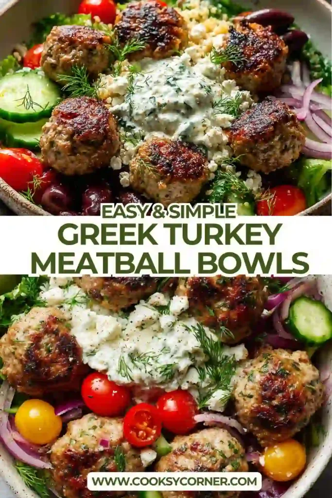 Healthy Greek Turkey Meatball Bowls served over fluffy quinoa with fresh vegetables, feta, olives, and dill. A balanced Mediterranean bowl packed with flavor and texture.