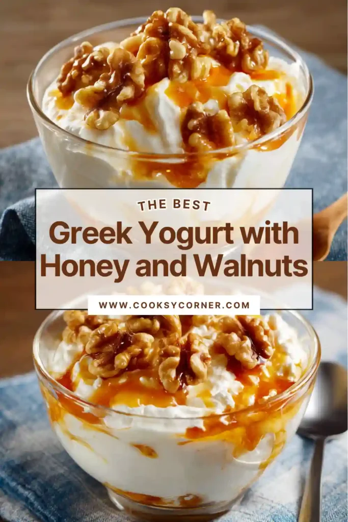 Authentic Yiaourti me Meli made with thick Greek yogurt, crunchy walnuts, and sweet honey in a serving bowl.