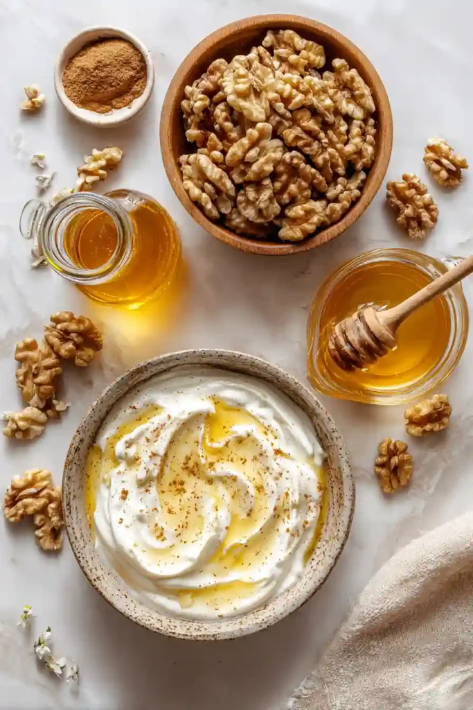 Mediterranean Greek Yogurt with Honey and Walnuts presented in a rustic bowl with a drizzle of honey and cinnamon.