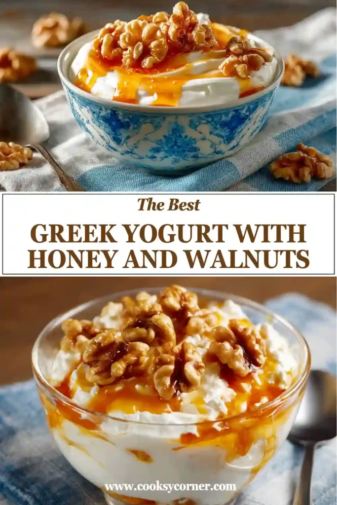 Traditional Greek yogurt dessert featuring creamy strained yogurt with honey-drizzled walnuts and cinnamon garnish.