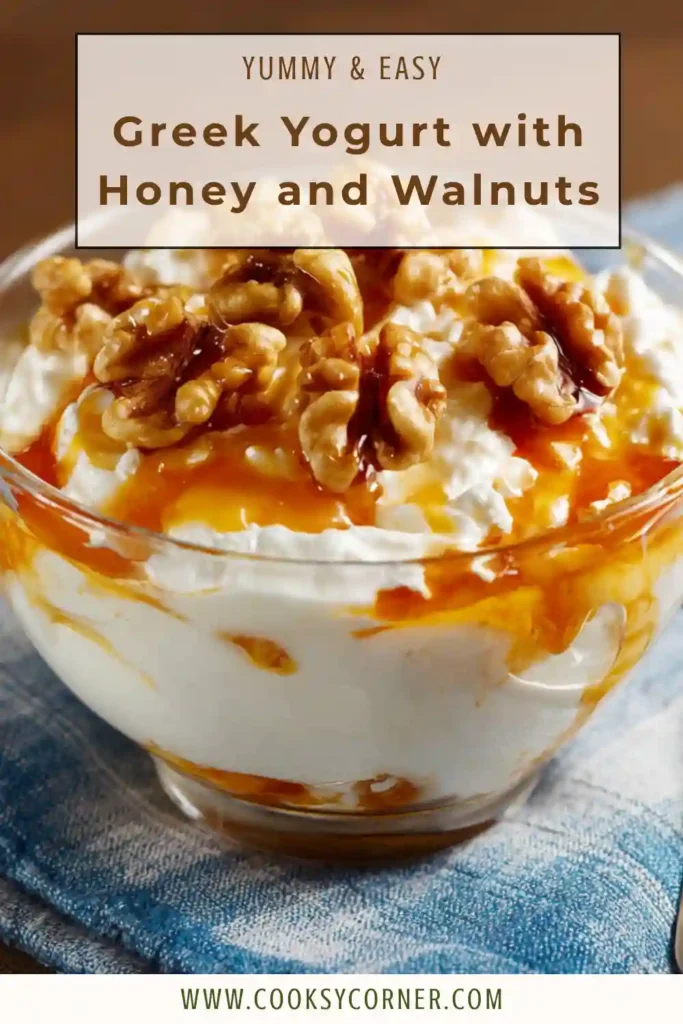 Greek Yogurt with Honey and Walnuts served in a bowl topped with toasted walnuts, golden honey, and cinnamon powder.