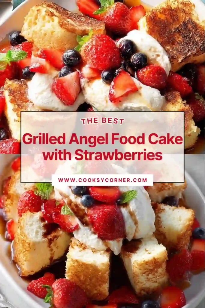 Lightly toasted angel food cake topped with sweet strawberries and berry syrup. This refreshing dessert is ideal for summer entertaining and family meals.