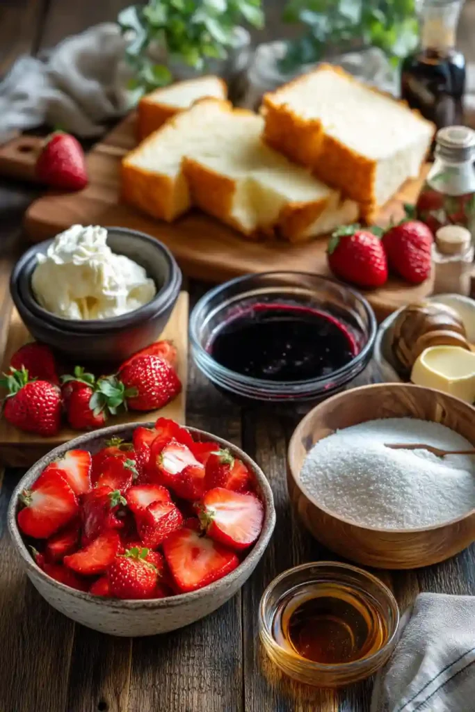 Golden grilled angel food cake topped with fresh sliced strawberries on a white serving plate. This light summer dessert features sweet berries and perfectly toasted cake.
