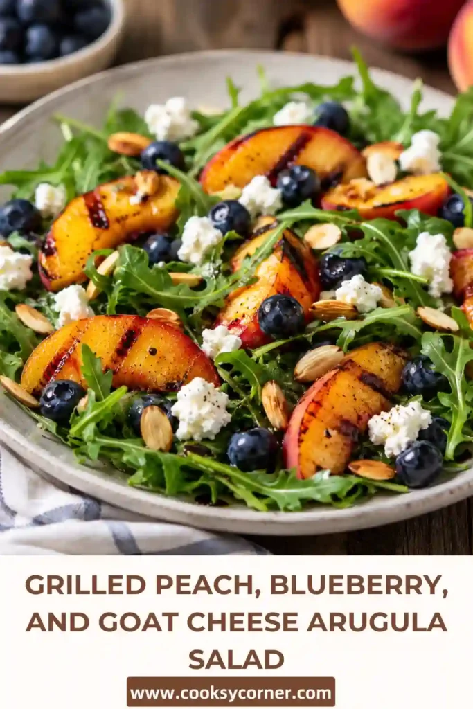 Summer arugula salad featuring grilled peaches, juicy blueberries, creamy goat cheese, and crunchy almonds served on a large platter.