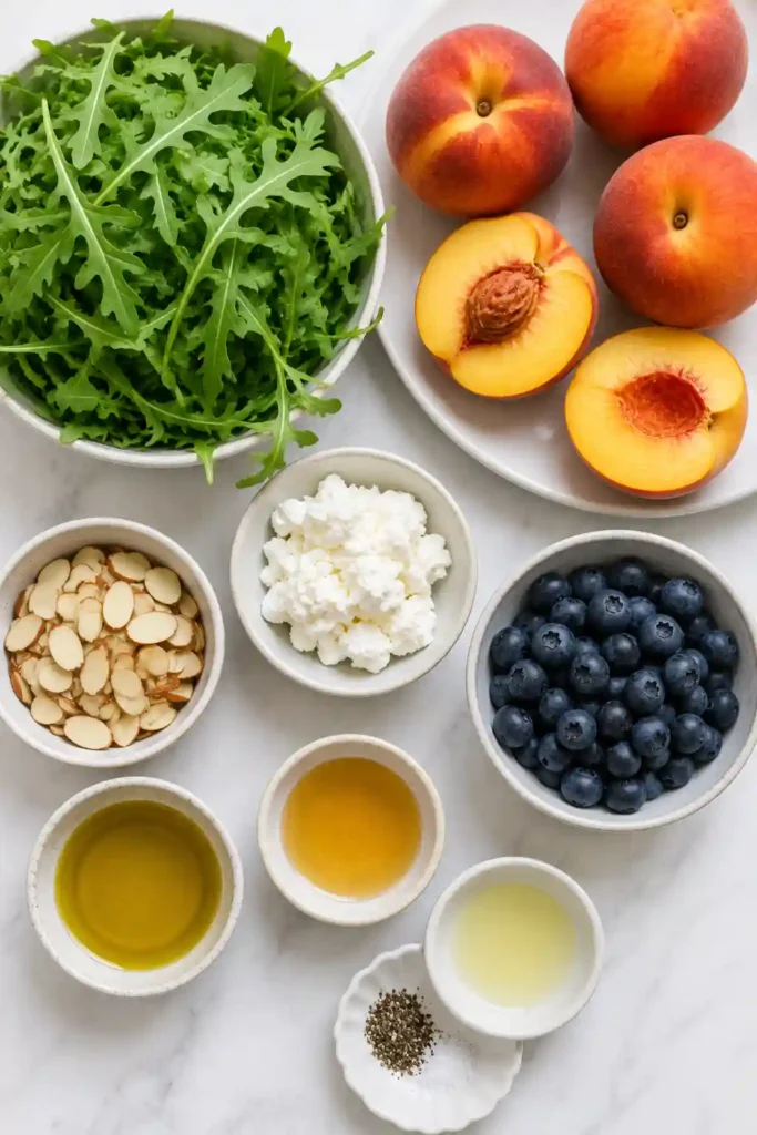 Close-up of a grilled peach salad made with fresh arugula, blueberries, goat cheese, and balsamic vinaigrette.