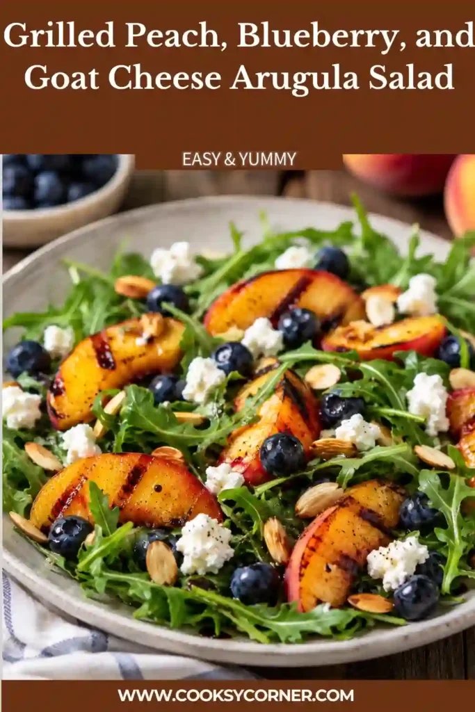 Fresh arugula salad with grilled peach slices, blueberries, goat cheese crumbles, toasted almonds, and honey balsamic dressing.