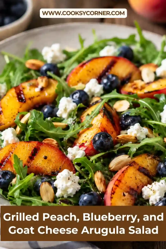 A colorful Grilled Peach, Blueberry, and Goat Cheese Arugula Salad topped with caramelized peaches, fresh blueberries, almonds, and creamy goat cheese.