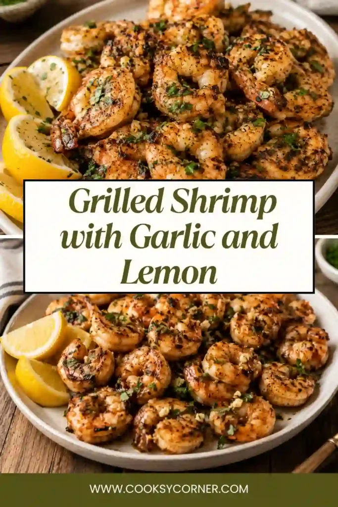 Freshly grilled garlic lemon shrimp arranged on skewers with herbs and citrus slices for a healthy seafood dinner.
