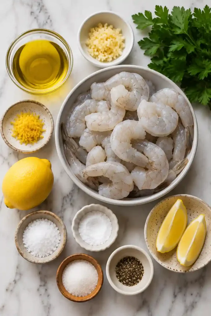 Golden grilled shrimp with garlic and parsley served on a rustic platter alongside grilled lemon halves.