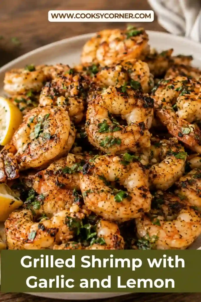 Grilled shrimp skewers brushed with garlic butter and lemon, garnished with chopped parsley and served with fresh lemon wedges.