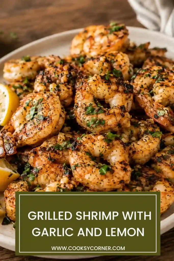 Juicy grilled shrimp with charred edges tossed in fresh garlic, olive oil, parsley, and lemon juice on a serving platter.