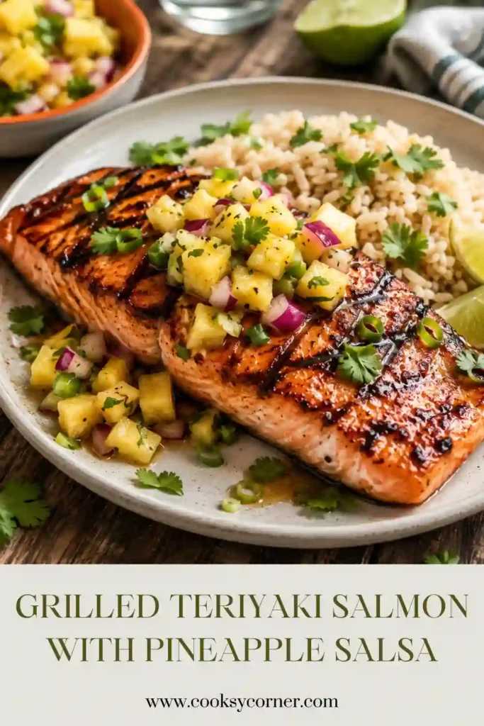 Healthy grilled salmon dinner featuring sweet teriyaki glaze, pineapple salsa, cucumber, and fresh cilantro.