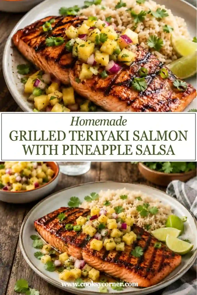 Perfectly grilled salmon glazed with homemade teriyaki sauce and finished with tropical pineapple salsa.