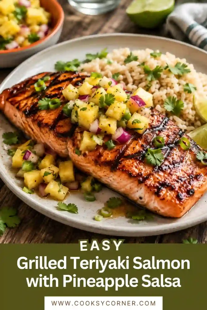 Grilled teriyaki salmon topped with fresh pineapple salsa served on a white plate with lime wedges and cilantro.