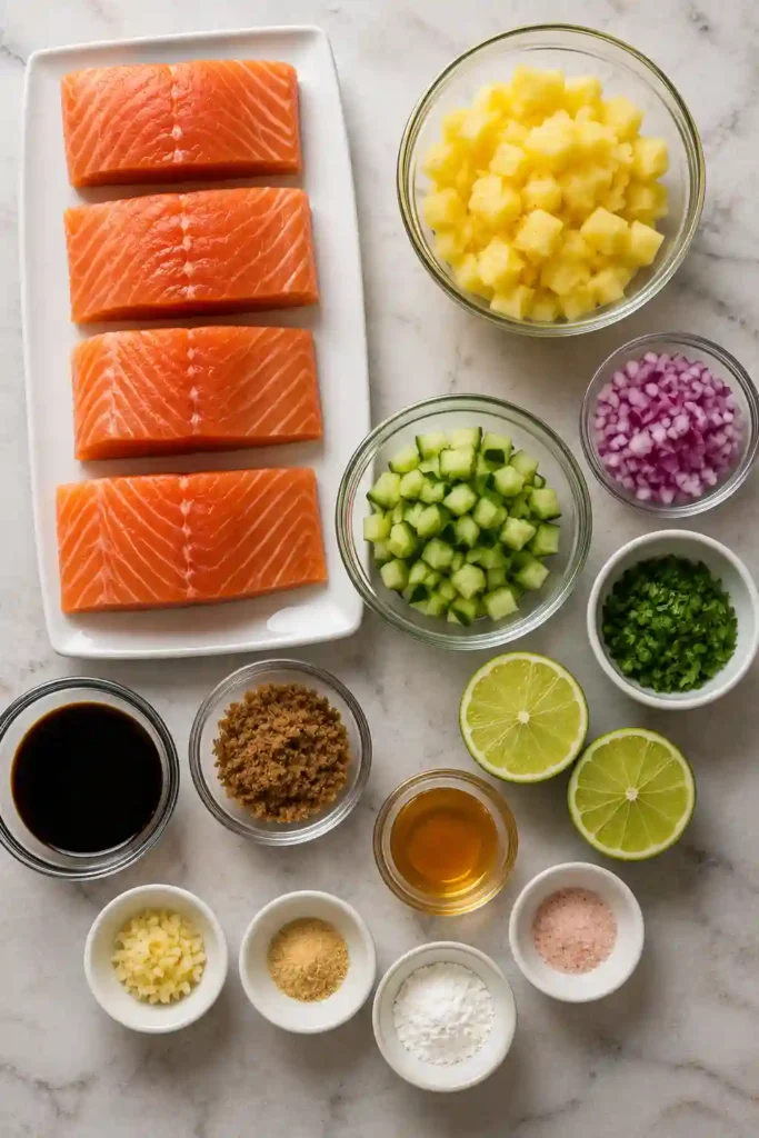 Wild-caught grilled teriyaki salmon served with vibrant pineapple salsa for a healthy summer meal.