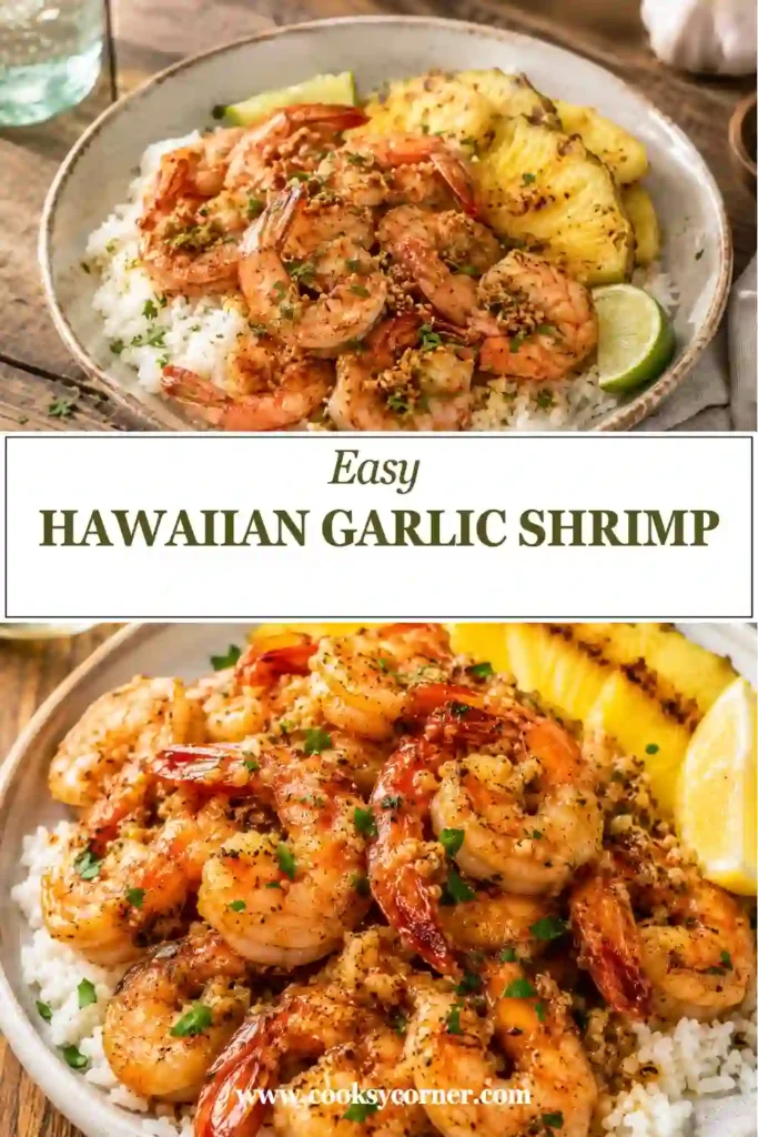 Close-up of Hawaiian Garlic Shrimp cooked in buttery garlic sauce with lemon. Tender shrimp are perfectly seasoned and ready to serve.