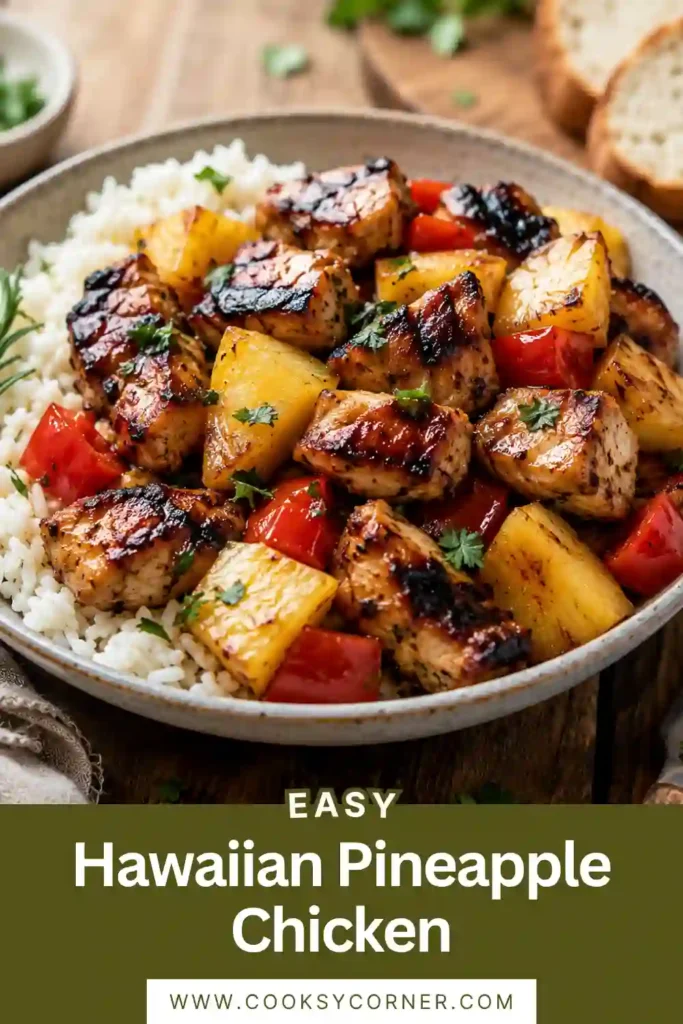 A tray of Hawaiian Pineapple Chicken baked with juicy chicken pieces, pineapple chunks, bell peppers, and red onions. This colorful sheet pan dinner is packed with sweet and savory tropical flavor.