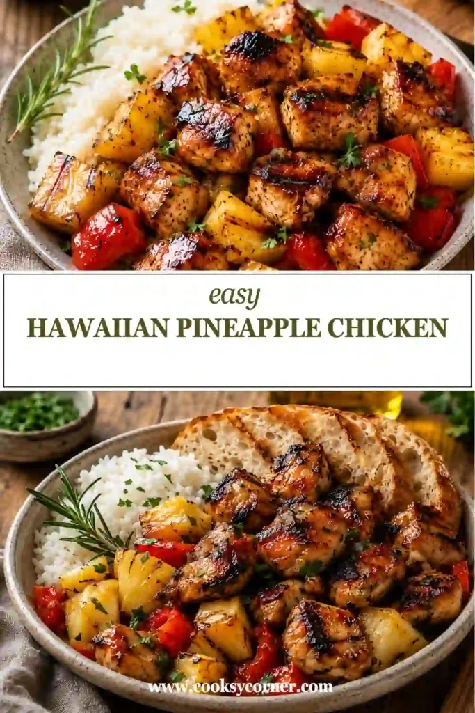 Freshly baked Hawaiian Pineapple Chicken served over rice with pineapple and colorful vegetables. The dish features tender chicken coated in a flavorful homemade sauce.