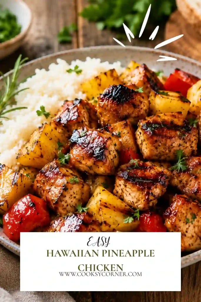 Easy Hawaiian Pineapple Chicken recipe prepared on a baking sheet with vibrant peppers and pineapple. A simple family-friendly dinner perfect for busy weeknights.