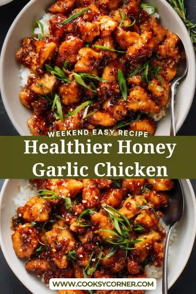 Healthier Honey Garlic Chicken served with green onions and honey garlic sauce.