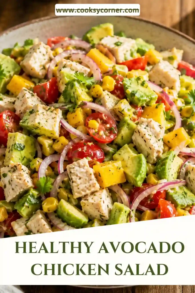 Colorful Avocado Chicken Salad served with lime wedges and fresh herbs.