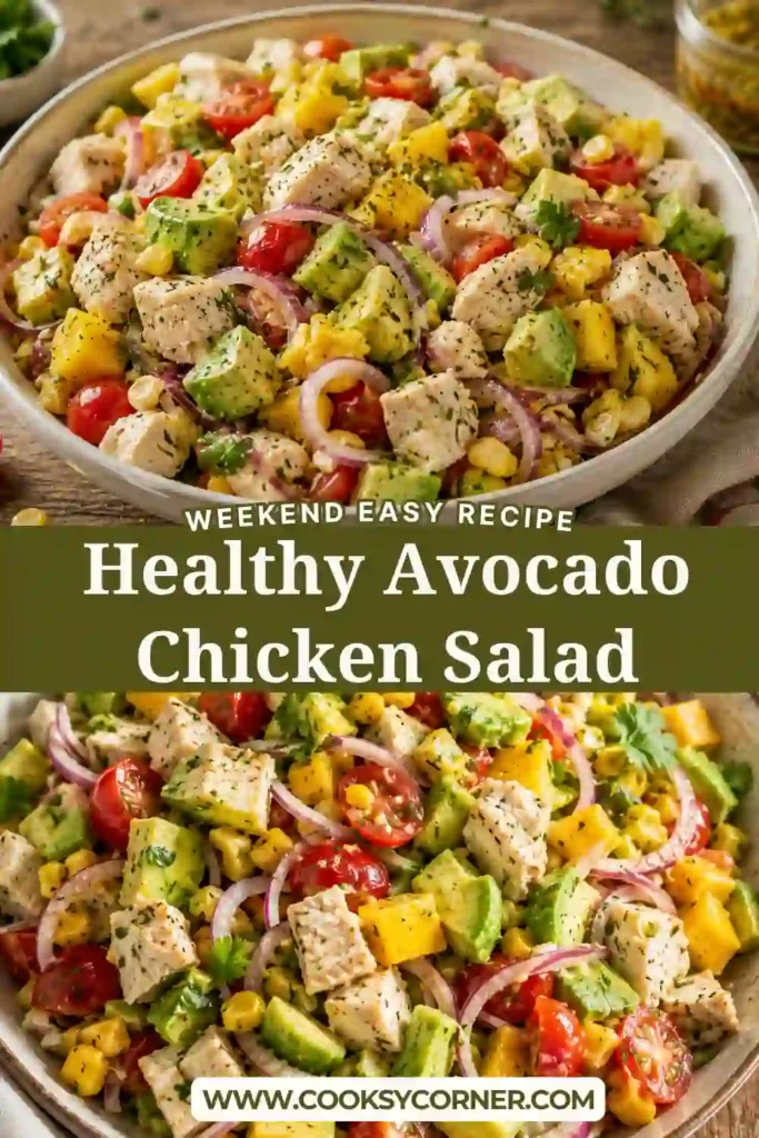 A healthy Avocado Chicken Salad topped with fresh cilantro and lime wedges.