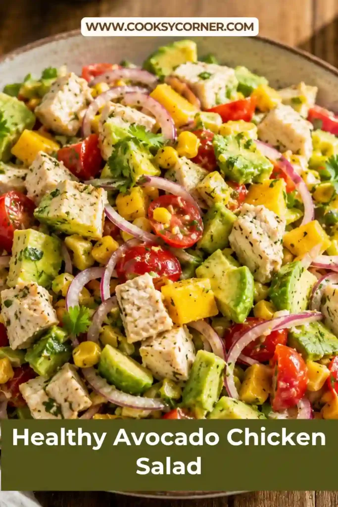 Avocado Chicken Salad served in a large bowl with grilled chicken, avocado, mango, cherry tomatoes, corn, and cilantro lime dressing.