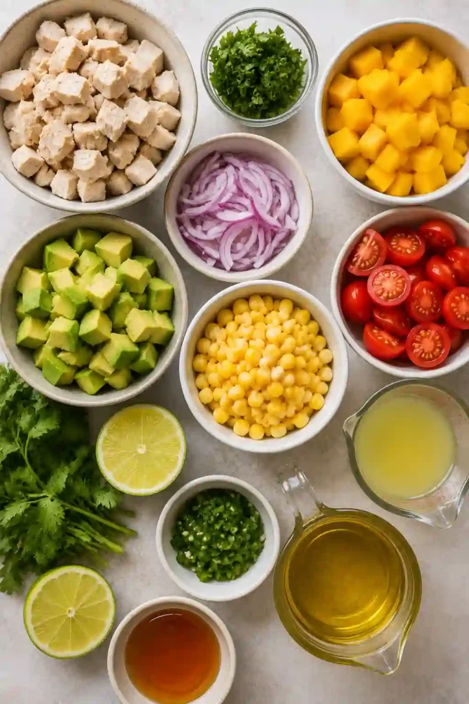 Close-up of Avocado Chicken Salad with mango, tomatoes, corn, and cilantro.
