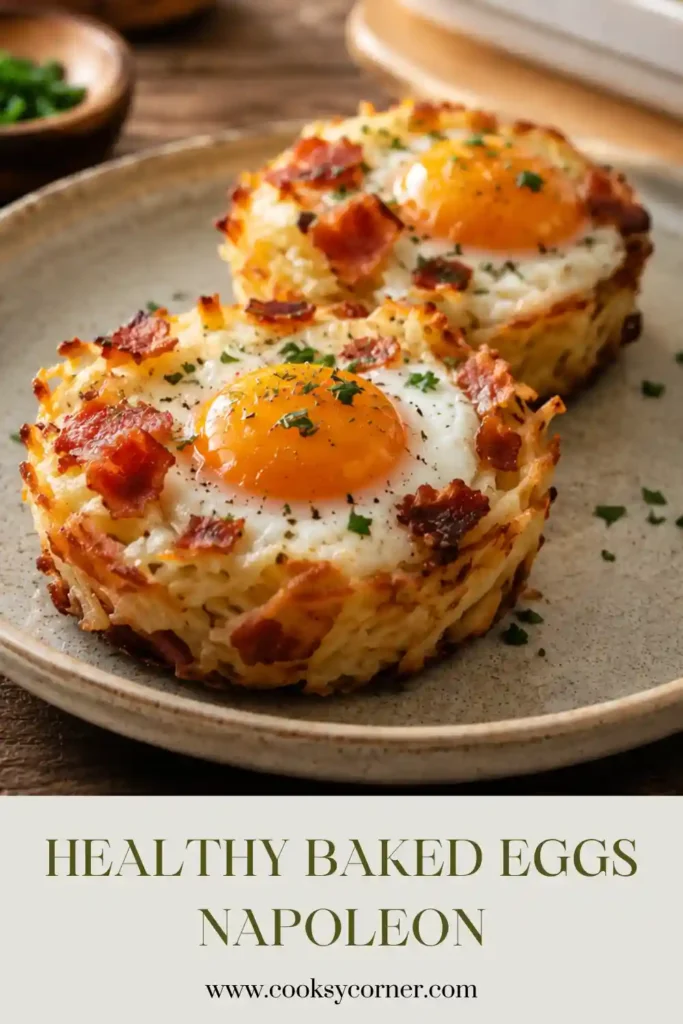 Freshly baked potato nests filled with eggs and topped with herbs and Parmesan cheese. The dish is served warm on a brunch table.